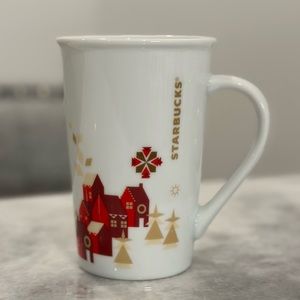 Starbucks 2013 Christmas Holiday Mug Red God and White Village Houses